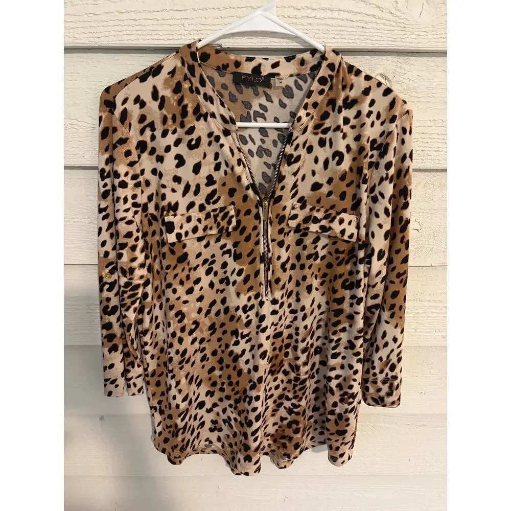 FYLO Leopard Print Zip Front Blouse Top Size Medium Animal Print 3/4 Sleeve - Picture 2 of 10